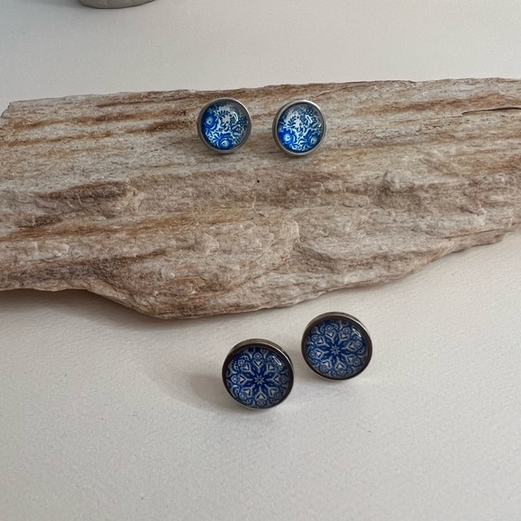 Classic Silver & Blue Stud Earrings - Stylish Blue Trendy Small Earrings - Picture 6 of 13